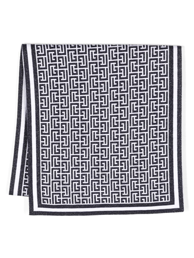Balmain Monogram-pattern Wool-blend Scarf In Blue