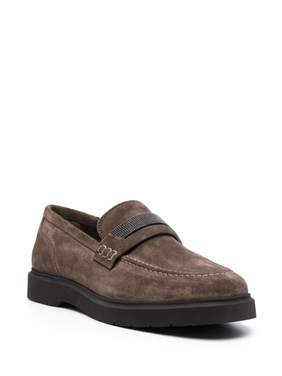 Brunello Cucinelli Suede Monili Penny Loafers In Grau