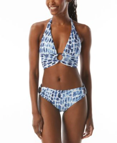 Shop Carmen Marc Valvo Womens Printed O Ring Halter Crop Top Bikini Bottoms Women's Swimsuit In Navy Multi