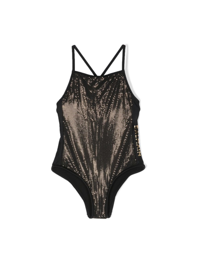 Shop Balmain Logo-print Thin-straps Swimswuit In Black