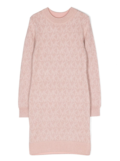 Shop Michael Kors Monogram-pattern Metallic-threading Knit Dress In Pink