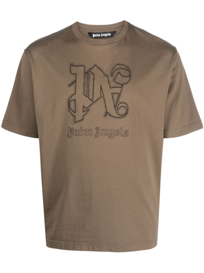Shop Palm Angels Monogram Logo-embroidered T-shirt In Brown