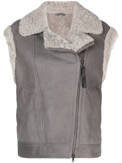 Shop Brunello Cucinelli Shearling-trim Zip-up Vest In Grey