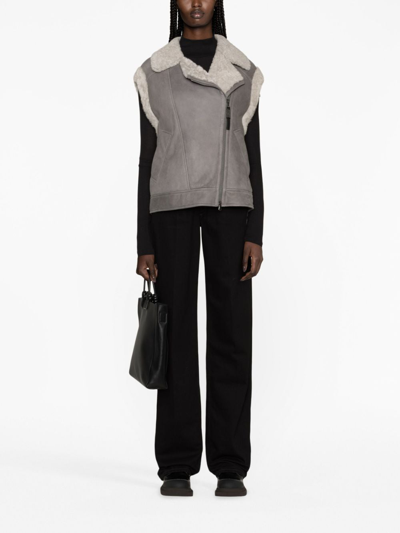 Brunello Cucinelli Suede Moto Vest With Soft Shearling Lining In Grey