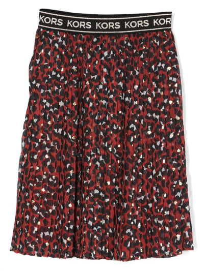 Shop Michael Kors Logo-waistband Leopard-print Pleated Skirt In Red