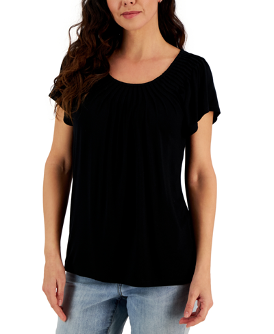 Shop Style & Co Petite Pleated Scoop-neck Short-sleeve Top, Created For Macy's In Deep Black