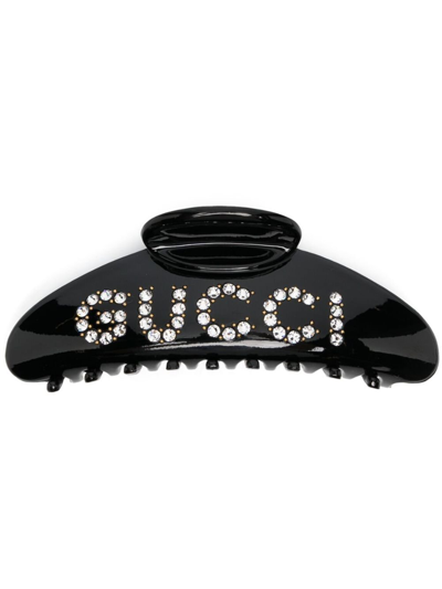 Shop Gucci Black Crystal Logo Hair Clip