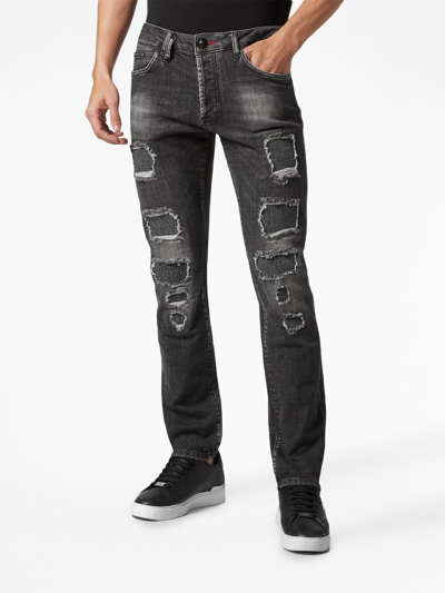 Shop Philipp Plein Distressed Low-rise Skinny Jeans In Black
