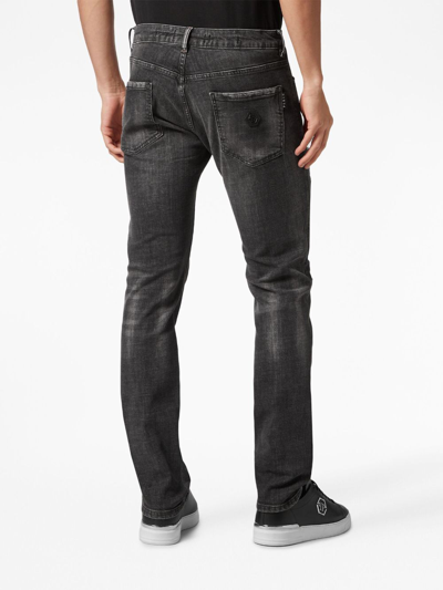 Shop Philipp Plein Distressed Low-rise Skinny Jeans In Black