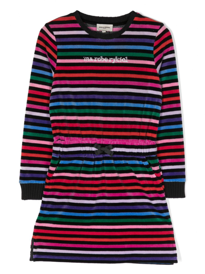 Shop Sonia Rykiel Enfant Velvet Long-sleeve Striped Dress In Black