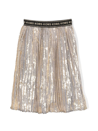 Shop Michael Kors Logo-waistband Sequin Pleated Skirt In Gold