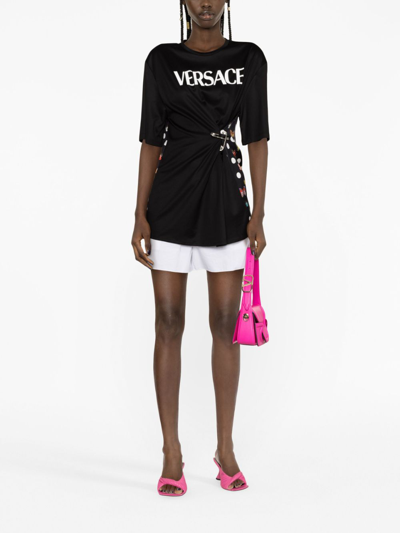 Versace Pin-tucked Jersey T-shirt With Silk Printed Back In Black