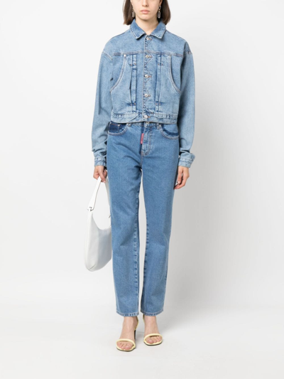 Shop Moschino Cropped Denim Jacket In Blue