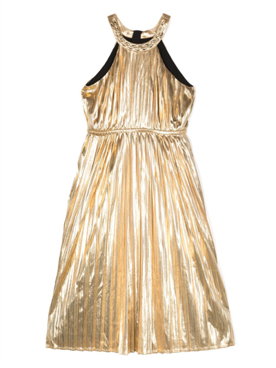 Shop Michael Kors Metallic-effect Pleated Halterneck Dress In Gold