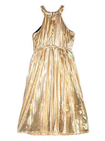 Shop Michael Kors Metallic-effect Pleated Halterneck Dress In Gold