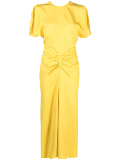Shop Victoria Beckham Gathered-waist Short-sleeve Midi Dress In Yellow