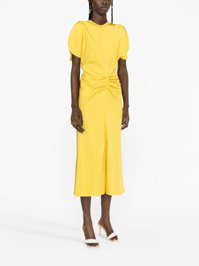 Shop Victoria Beckham Gathered-waist Short-sleeve Midi Dress In Yellow
