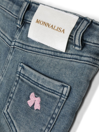 Shop Monnalisa Bow-embroidered Logo-patch Jeans In Blue