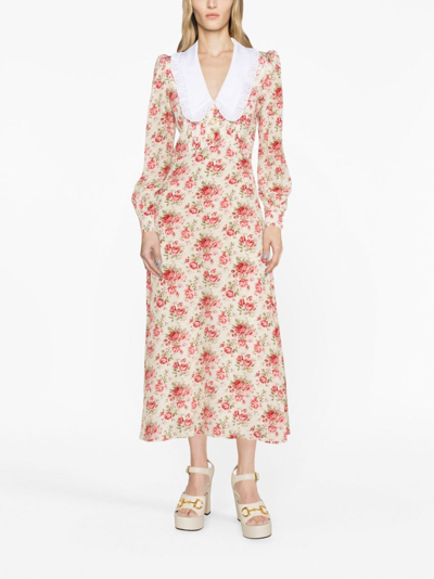 Shop Alessandra Rich Rose-print Silk Midi Dress In Neutrals
