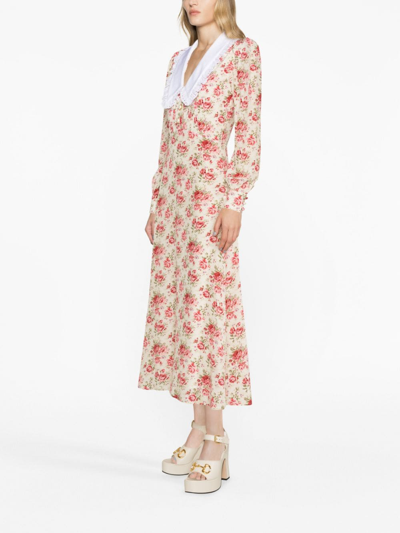 Shop Alessandra Rich Rose-print Silk Midi Dress In Neutrals