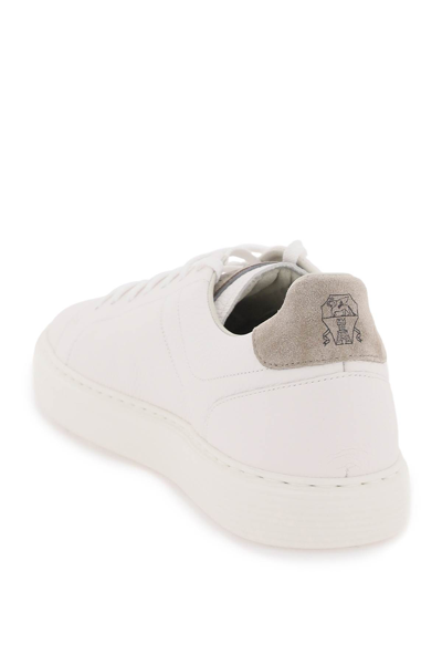 Shop Brunello Cucinelli Grained Leather Sneakers In Bianco Avola Fumo (white)