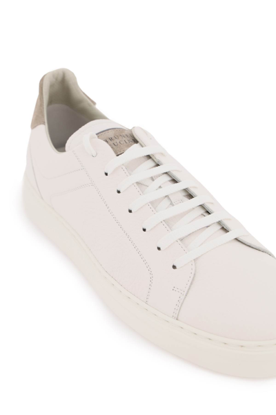 Shop Brunello Cucinelli Grained Leather Sneakers In Bianco Avola Fumo (white)
