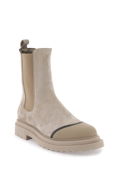 Shop Brunello Cucinelli Suede Chelsea Boots With Monili In Walnut (beige)