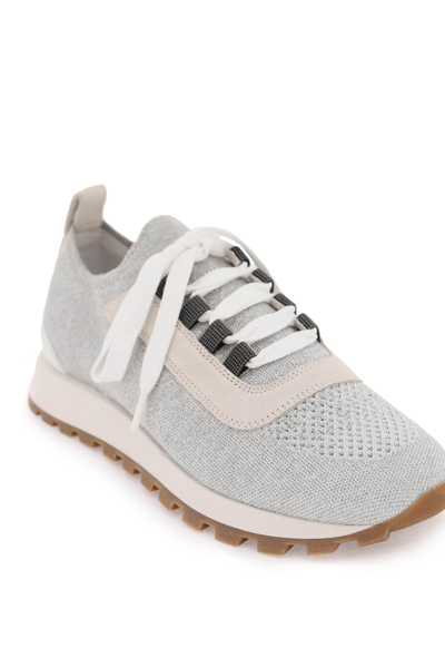 Shop Brunello Cucinelli Sparkling Knit Sneakers In Grigio Chiaro (grey)
