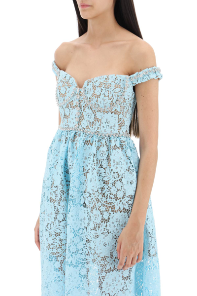 Shop Self-portrait Midi Dress In Floral Lace With Crystals In Blue (light Blue)
