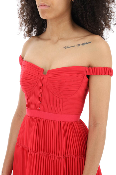 Shop Self-portrait Pleated Chiffon Mini Dress In Red (fuchsia)