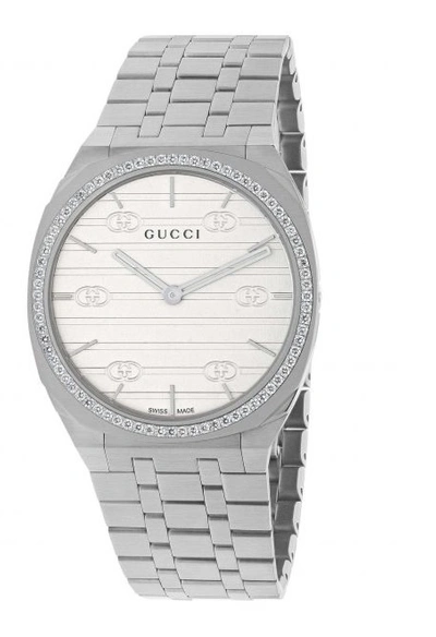 Shop Gucci Quartz Diamond White Dial Ladies Watch Ya163401 In Skeleton / White