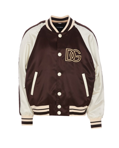 Shop Dolce & Gabbana Stripe Trim Logo Patch Bomber Jacket In Brown