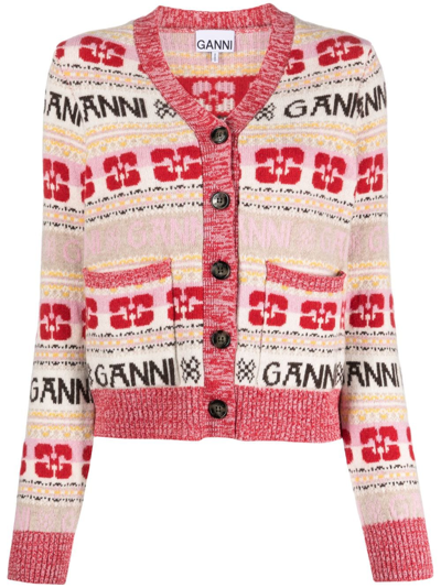 Shop Ganni Logo-print Wool-blend Cardigan In Red