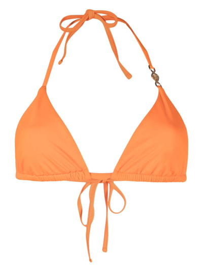 Shop Versace Allover Invisible Bikini Top In Orange
