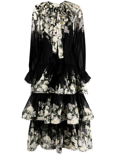 Zimmermann Coaster Floral-print Tiered Midi Dress In Black | ModeSens