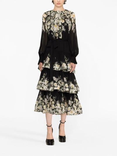 Zimmermann Coaster Floral-print Tiered Midi Dress In Black