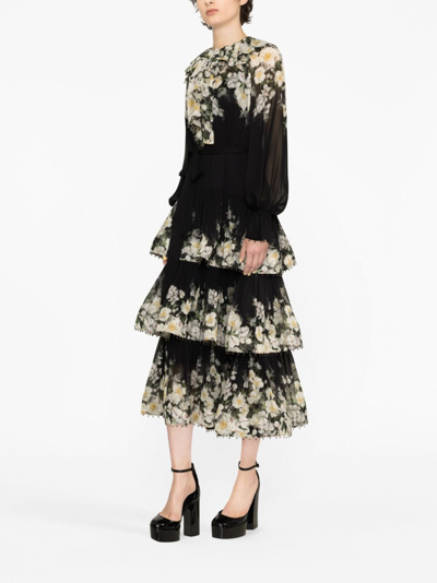 Zimmermann Coaster Floral-print Tiered Midi Dress In Black