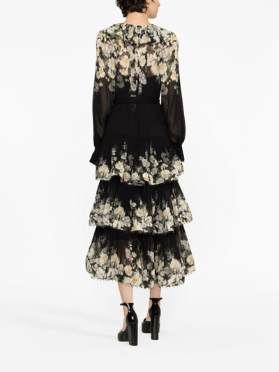 Zimmermann Coaster Floral-print Tiered Midi Dress In Black