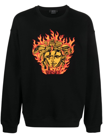 Shop Versace Medusa Flame-embroidered Cotton Sweatshirt In Black