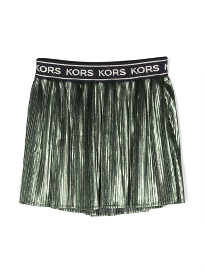 Shop Michael Kors Logo-waistband Metallic Pleated Skirt In Green