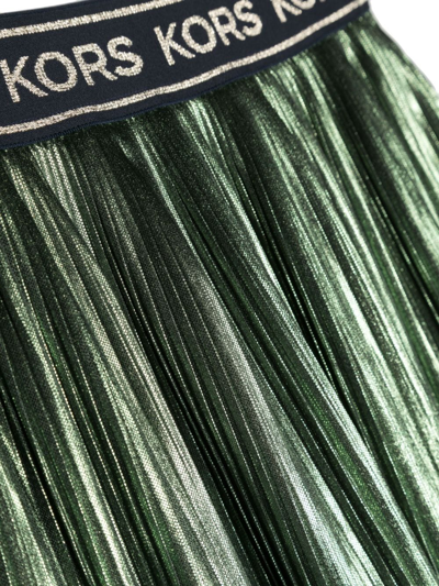 Shop Michael Kors Logo-waistband Metallic Pleated Skirt In Green