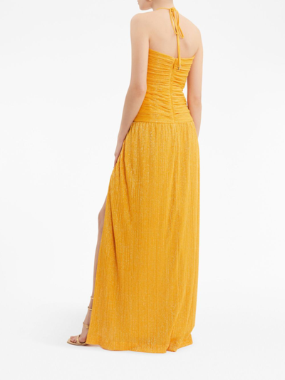 Shop Rebecca Vallance Phaedra Ruched Halterneck Gown In Yellow