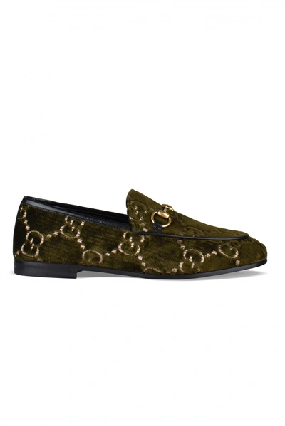 Shop Gucci Women's Luxury Loafers    Khaki Green Velvet Monogrammed Loafers