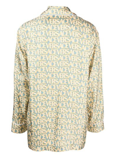 Shop Versace Allover-print Silk Pyjama Shirt In Blue