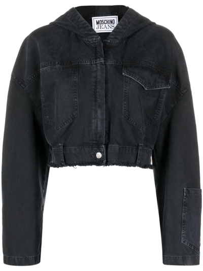 Shop Moschino Cropped Denim Hooded Jacket In Black