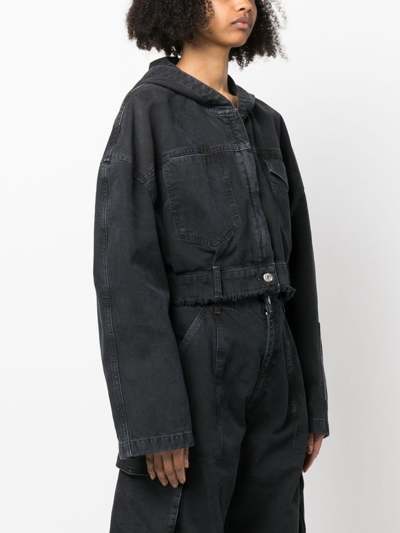 Shop Moschino Cropped Denim Hooded Jacket In Black