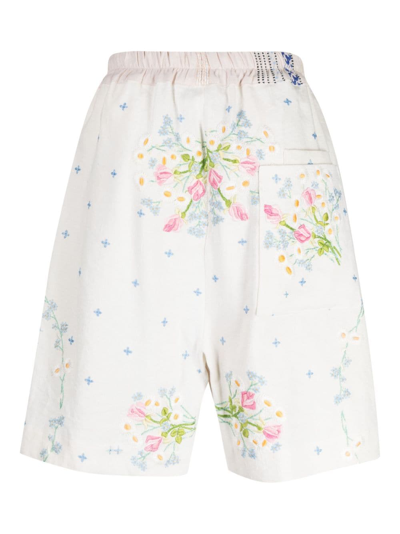 By Walid Floral-embroidered Linen Drop-crotch Shorts In Neutrals