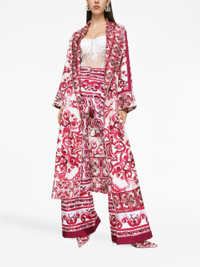 Dolce & Gabbana Twill Wrap Coat With Belt And Majolica Print In Pink