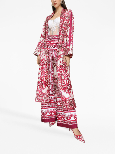 Dolce & Gabbana Twill Wrap Coat With Belt And Majolica Print In Pink
