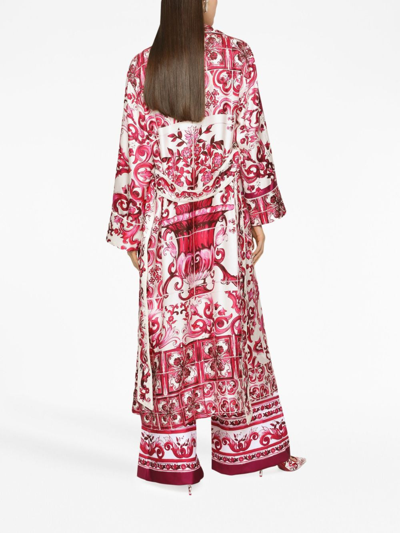 Dolce & Gabbana Twill Wrap Coat With Belt And Majolica Print In Pink